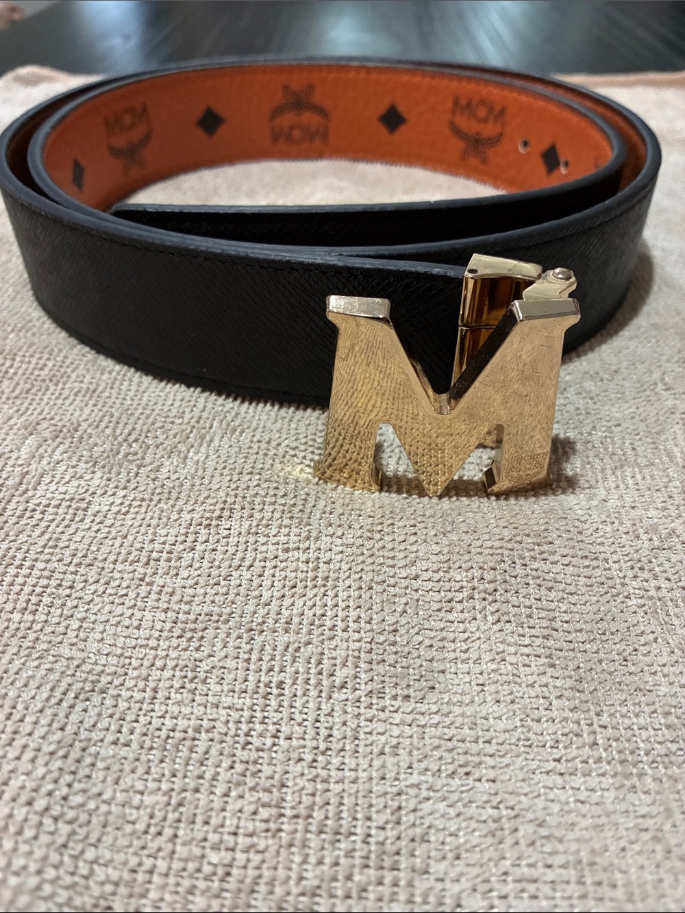 MCM Black and Cognac Leather Belt with Gold 'M' Buckle